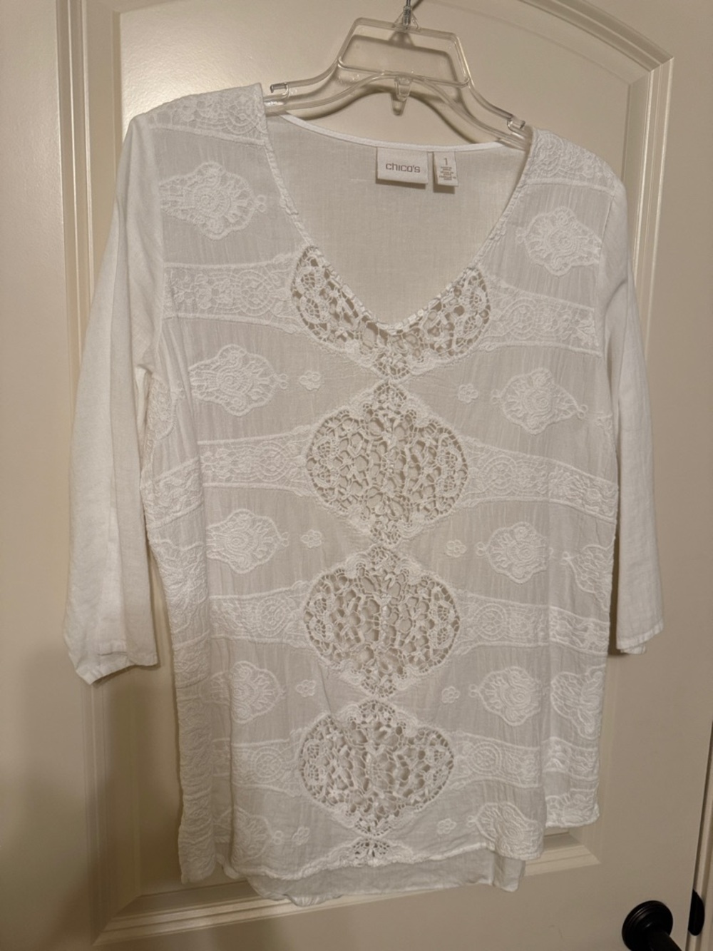 Chico's White Crochet-Panel Tunic Top